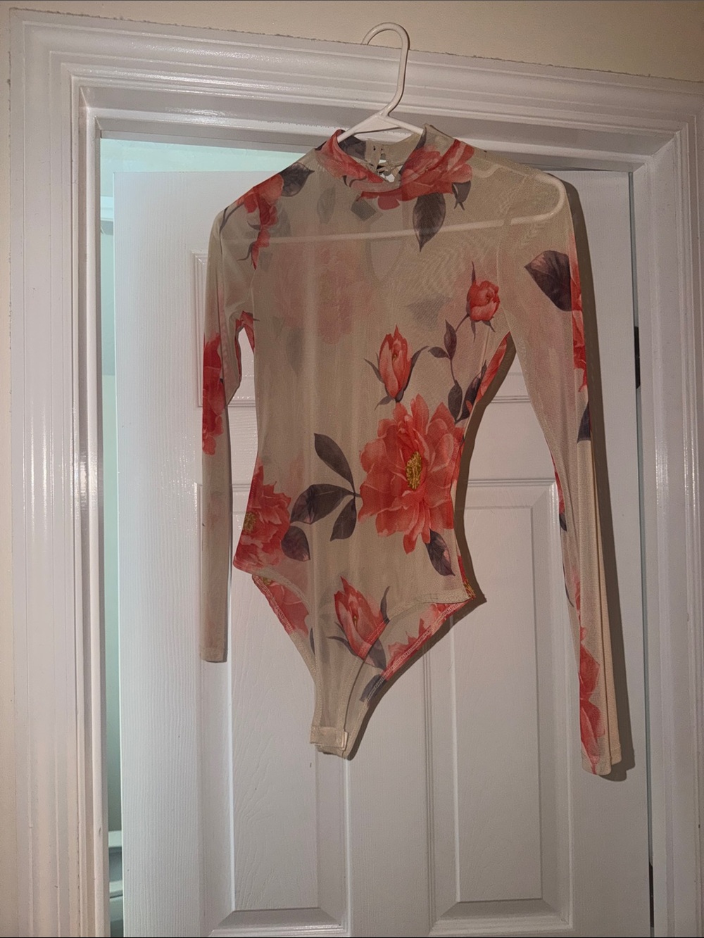 Windsor Beige Sheer Floral Long Sleeve Bodysuit with Coral Flowers